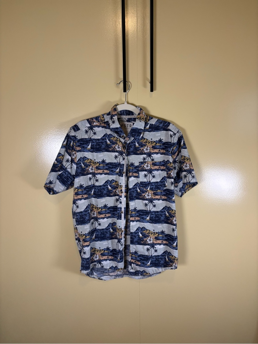Men's Casual Short-Sleeve Button-Down Blue Island Print Floral Hawaiian Shirt